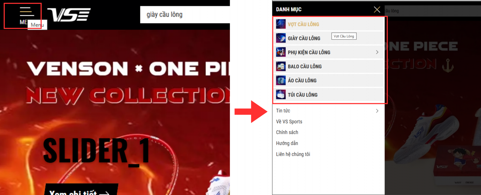 Tìm kiếm sản phẩm bằng Menu trên website