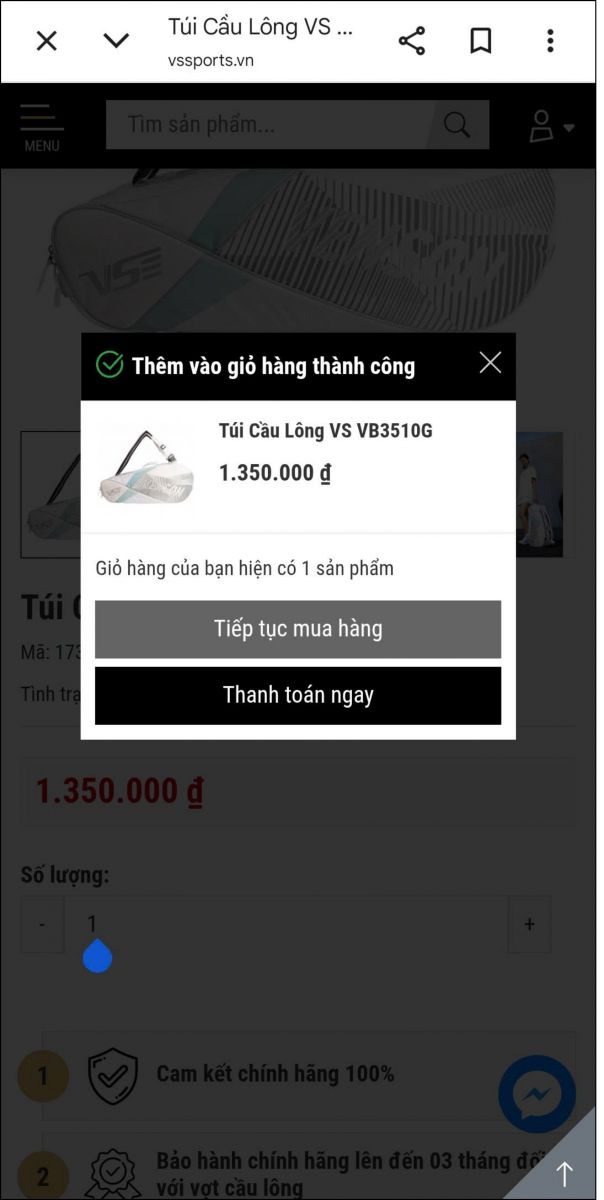 Thông báo thêm vào giỏ hàng thành công