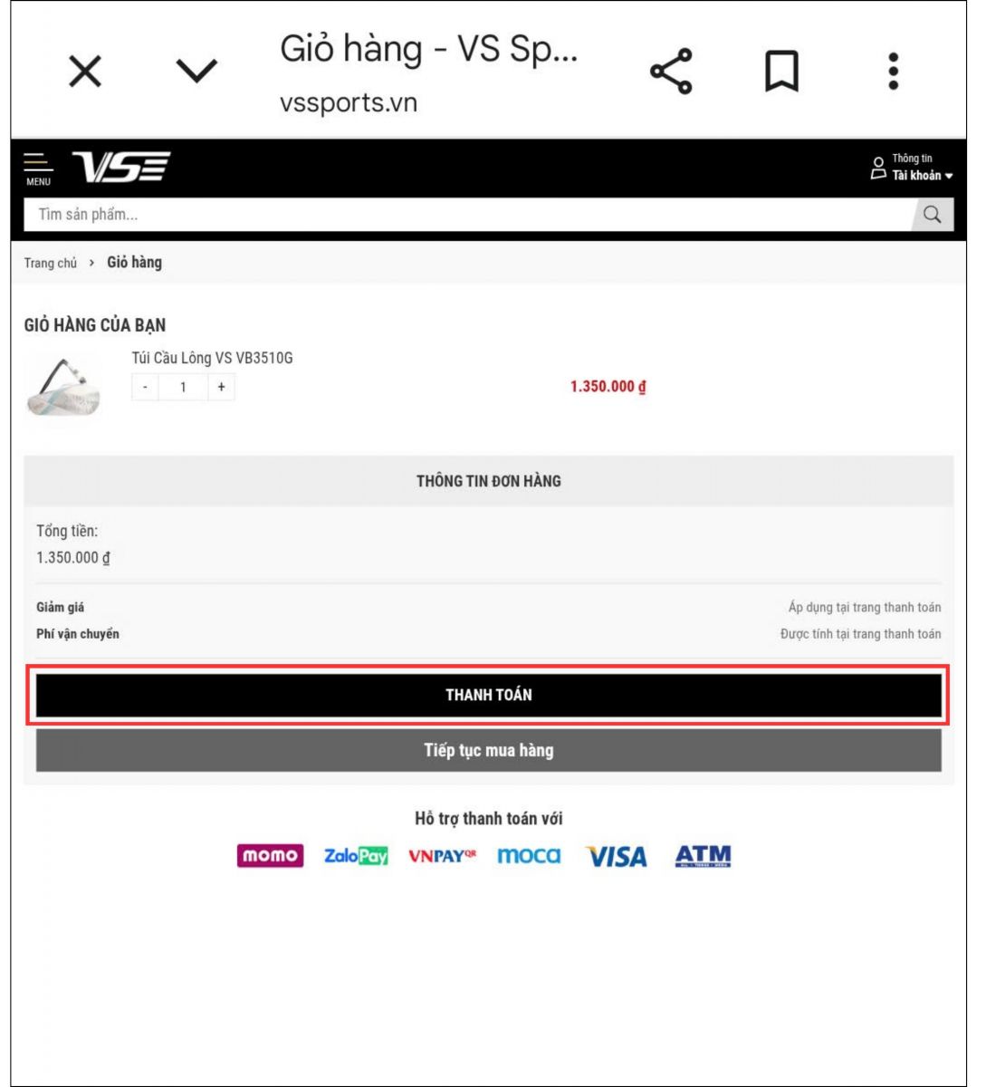 Trang giỏ hàng trên website