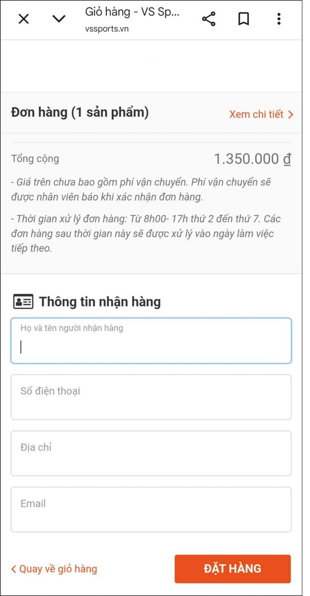 Màn hình thông tin nhận hàng