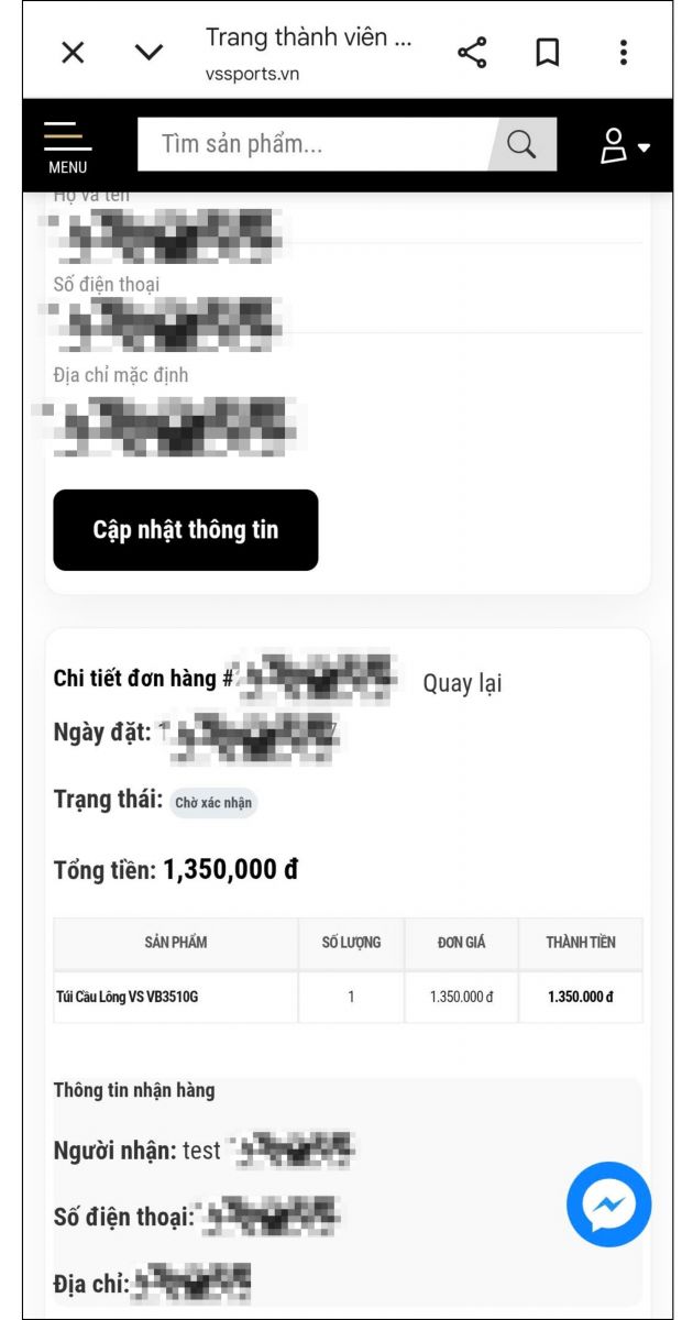 Chi tiết đơn hàng sau khi đặt hàng thành công