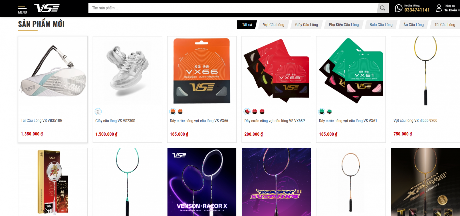 Mục sản phẩm mới trên website vssports
