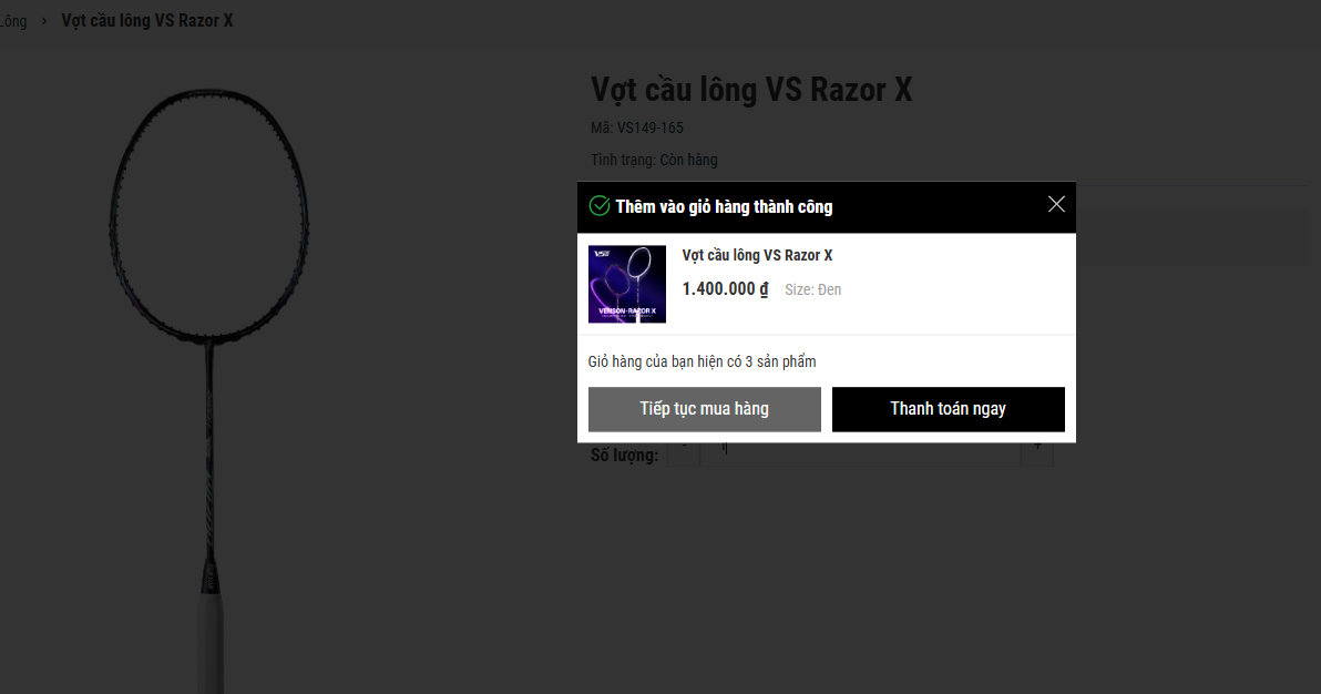 Thông báo thêm vào giỏ hàng thành công